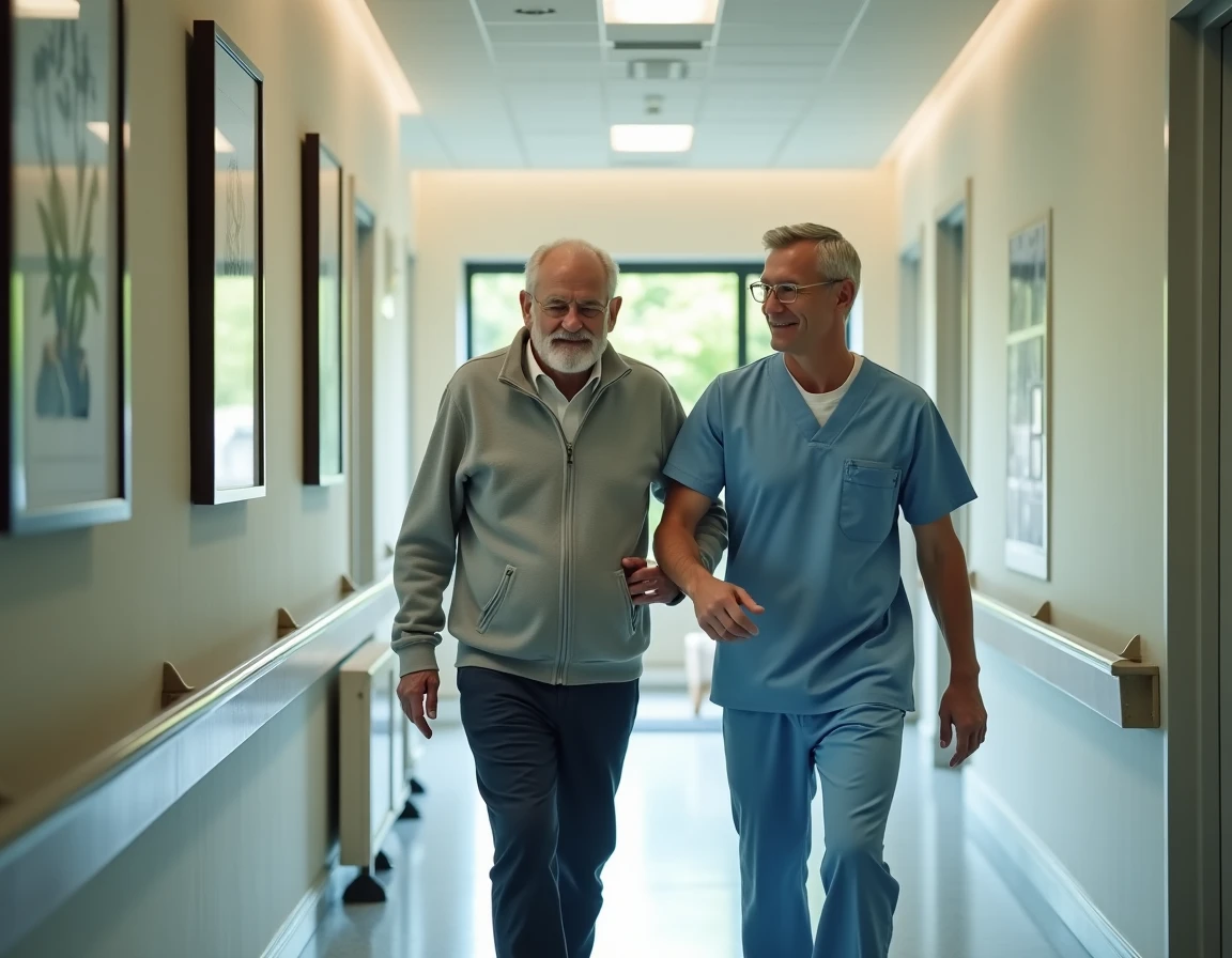 Aide-soignant accompagnant une personne âgée dans le couloir d'un établissement de soins pour seniors