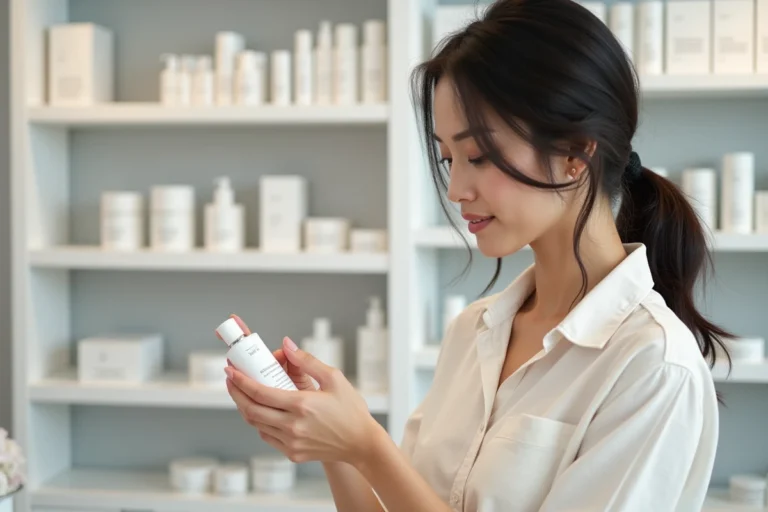 Femme en pharmacie tenant un produit de soin Typology à l'emballage minimaliste blanc devant des rayons organisés