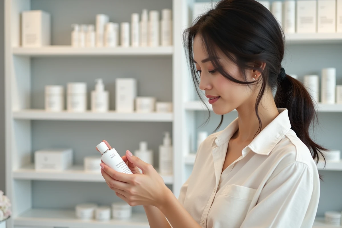 Femme en pharmacie tenant un produit de soin Typology à l'emballage minimaliste blanc devant des rayons organisés
