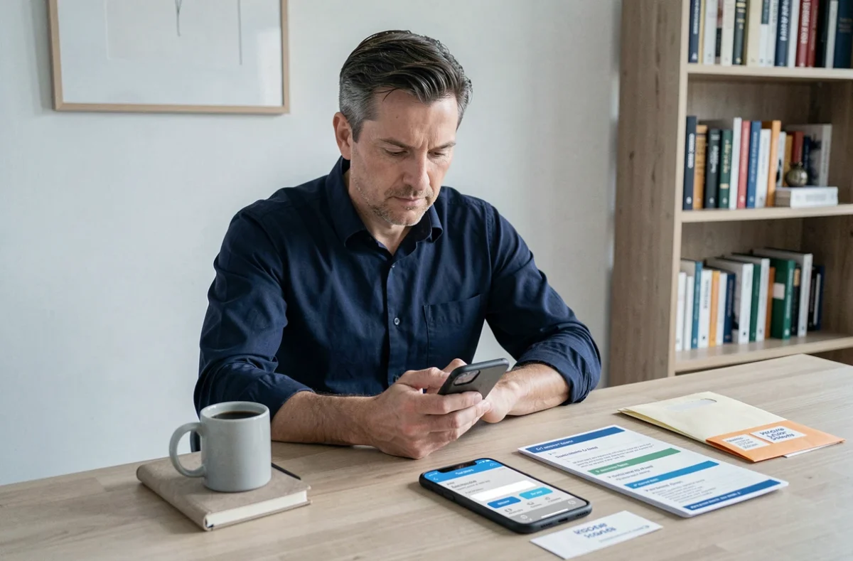 Homme consultant une application bancaire sur smartphone dans un bureau à domicile bien organisé