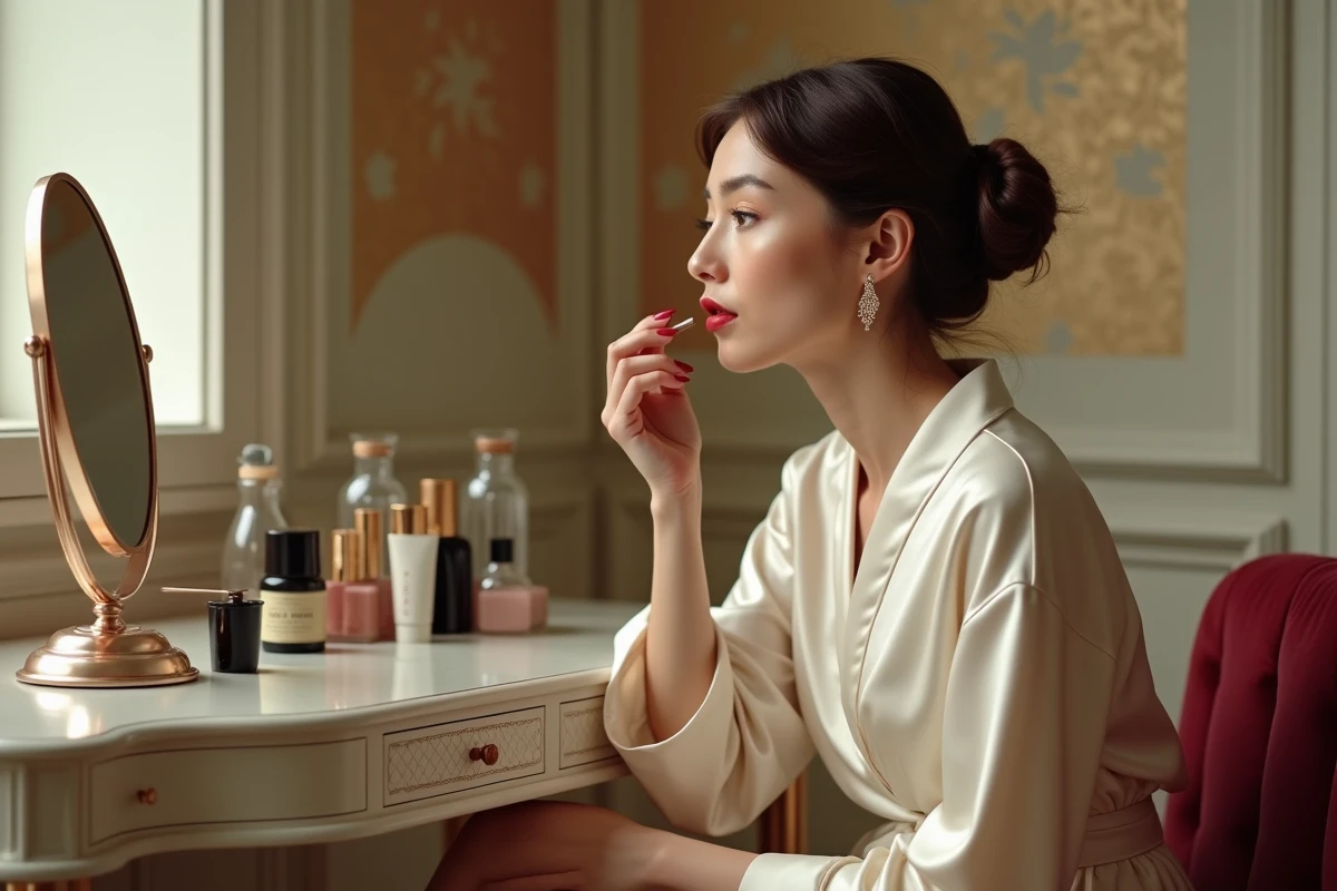 Femme appliquant un rouge à lèvres rouge classique devant un miroir vintage dans un boudoir parisien élégant