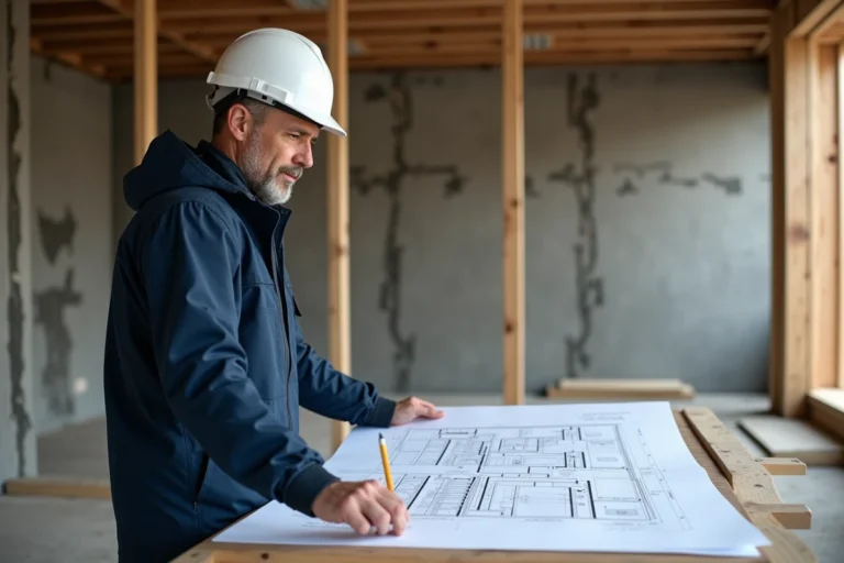 Architecte sur chantier de construction résidentielle 2024 consultant les plans aux normes de construction