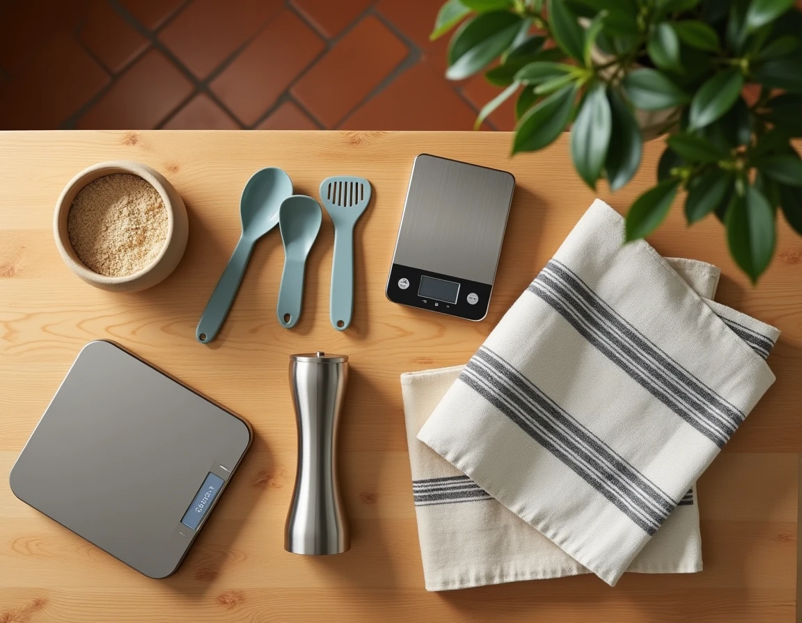 Assortiment de cadeaux et accessoires de cuisine disposés en flat lay sur une table en chêne clair