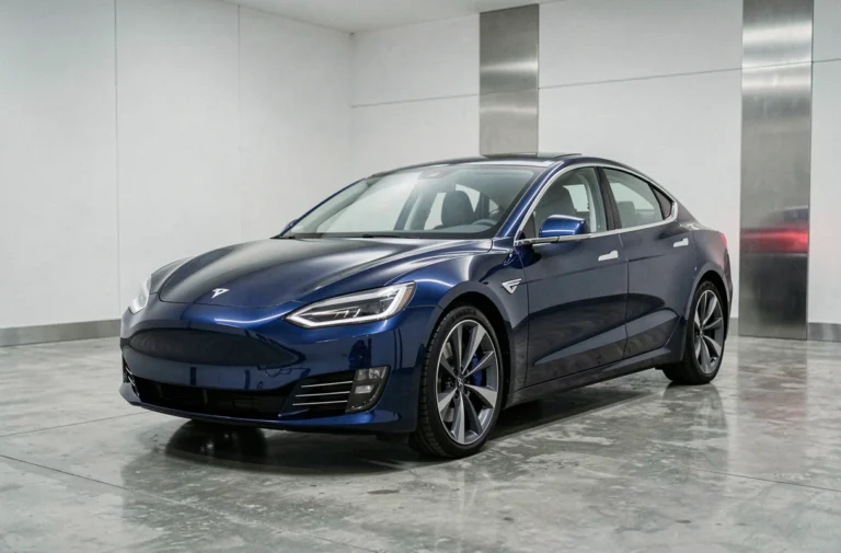 Berline électrique moderne au design aérodynamique exposée dans un showroom automobile minimaliste aux tons neutres