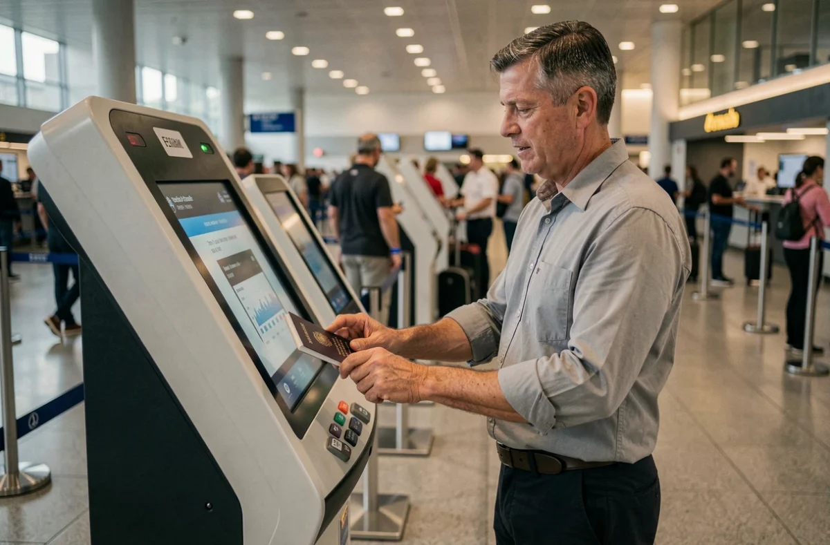 Homme utilisant une borne d'enregistrement automatique à l'aéroport pour imprimer sa carte d'embarquement