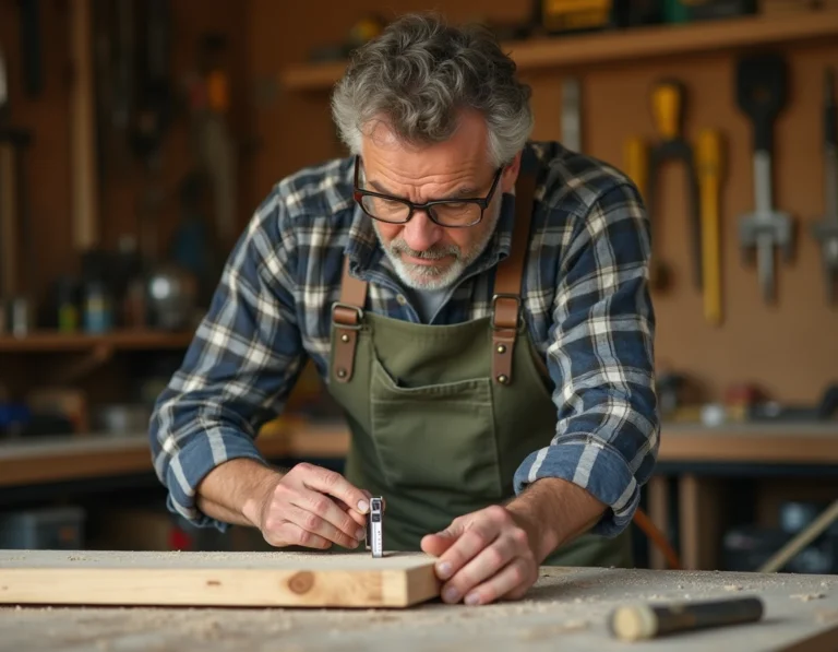 Homme bricoleur mesurant une planche en bois dans un atelier de garage bien organisé avec des outils accrochés au mur