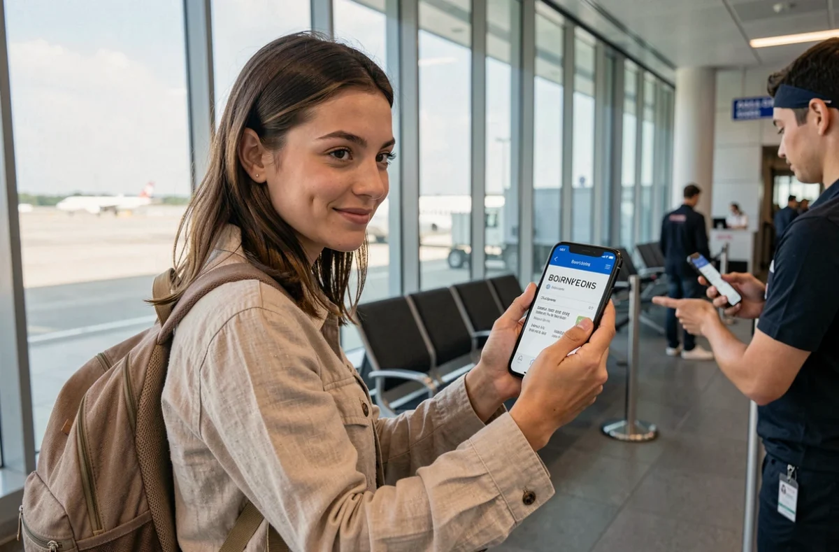 Jeune femme présentant sa carte d'embarquement numérique sur smartphone à la porte d'embarquement de l'aéroport