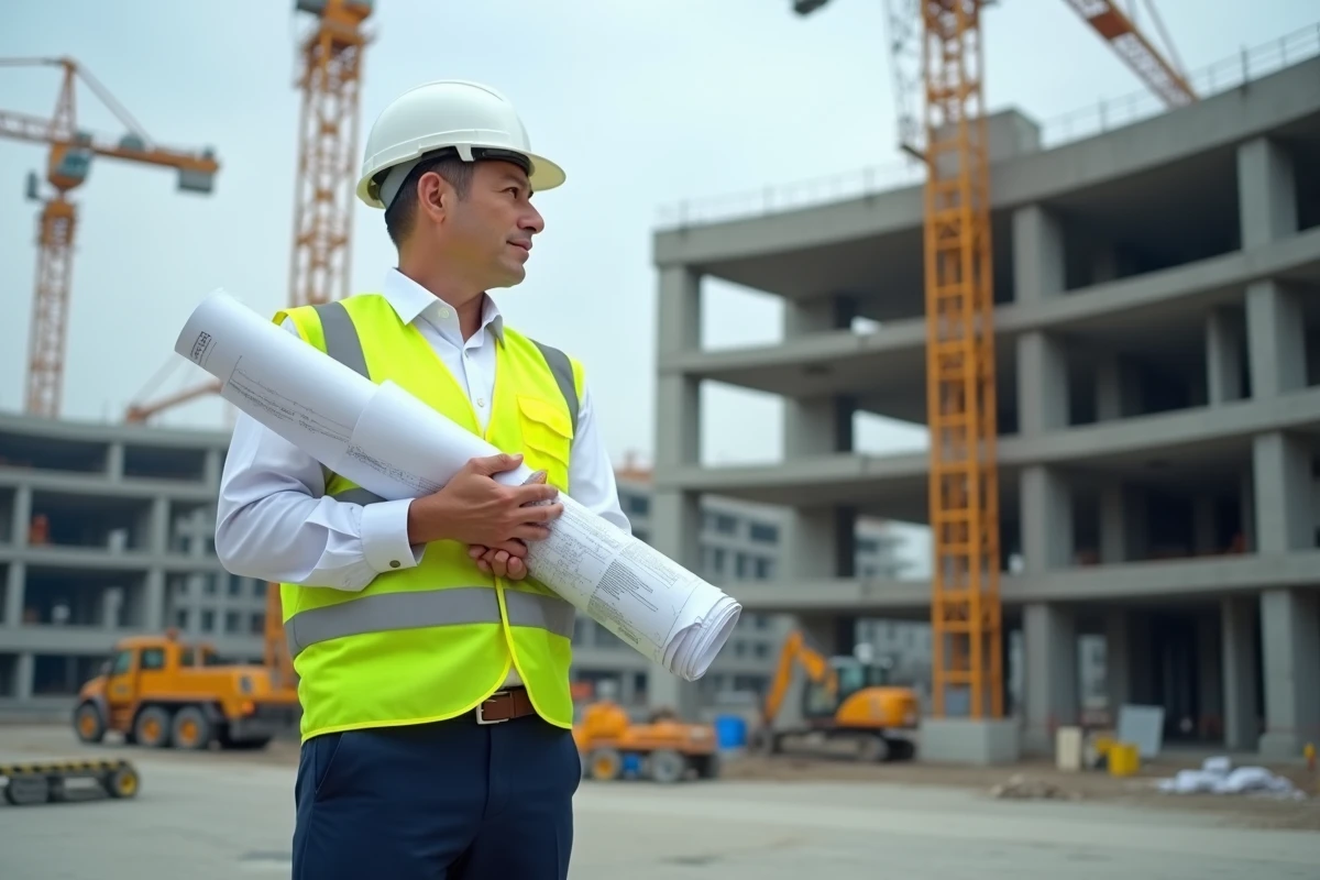 Chef de chantier avec plans sur un site de construction
