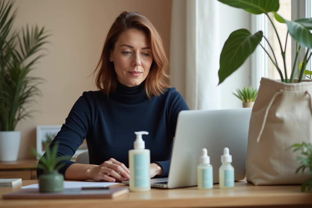 Femme commandant des produits Typology en ligne depuis son bureau à domicile entourée de ses achats livrés