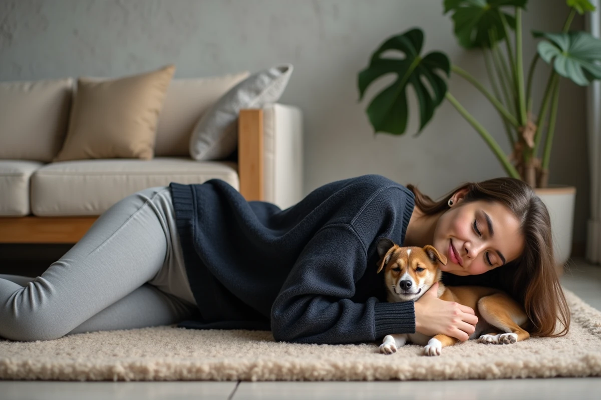 Femme allongée sur un tapis avec son petit chien, main posée doucement sur sa poitrine dans un salon minimaliste, illustrant la connexion et la communication animale