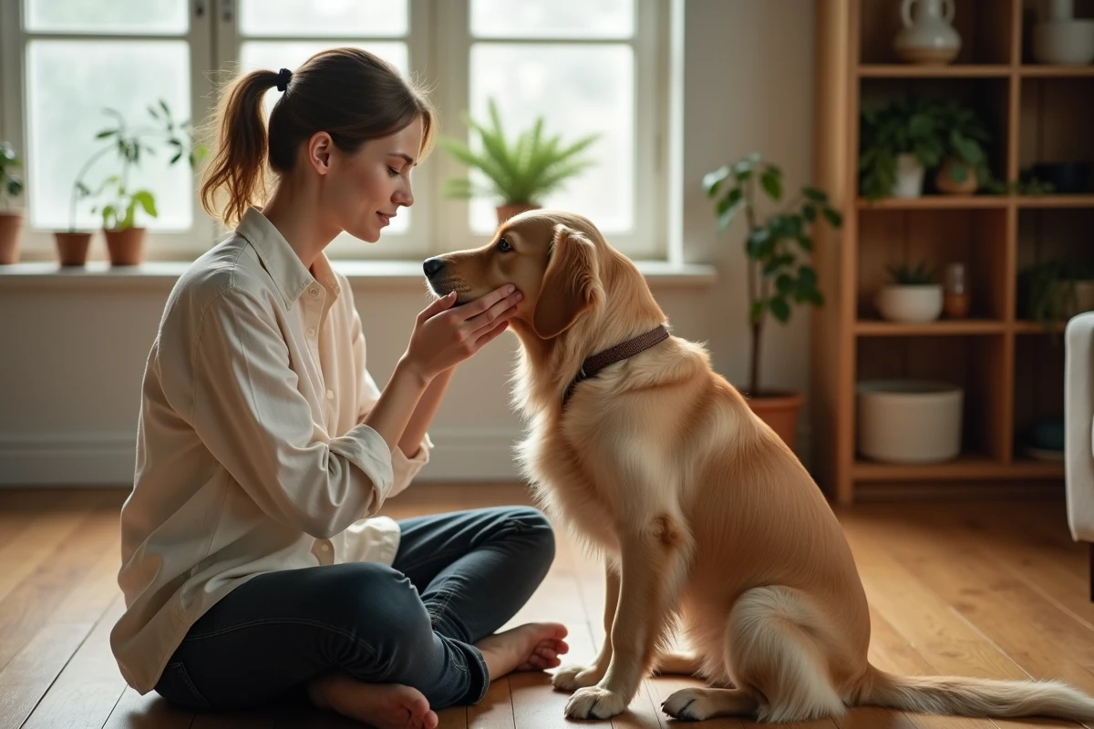 Femme communiquant avec son chien golden retriever en le regardant dans les yeux, assis sur un plancher en bois dans un intérieur chaleureux