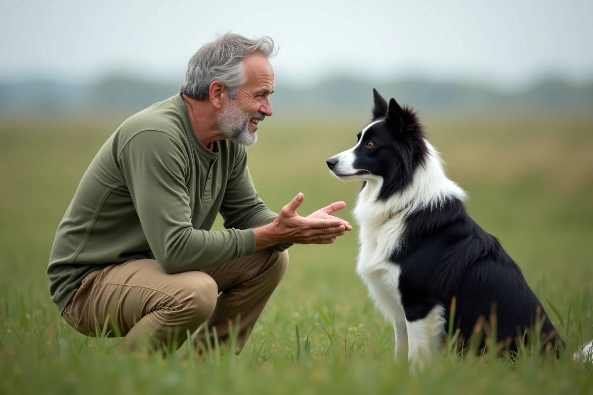 Homme pratiquant la communication animale avec un border collie dans un pré, tenant la main ouverte devant le chien attentif