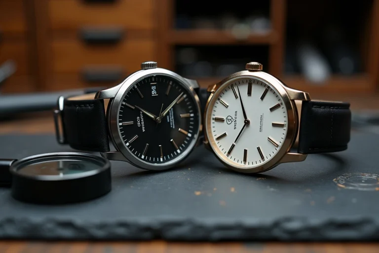 Comparaison entre une vraie montre Orient et une contrefaçon posées côte à côte sur une ardoise de table d'horloger