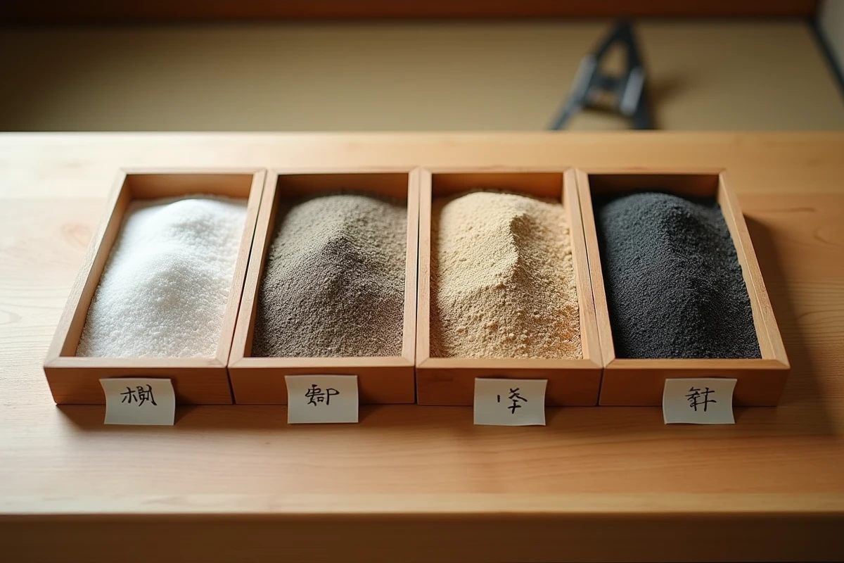 Comparaison de différents types de sable pour jardin japonais présentés dans des plateaux en bois