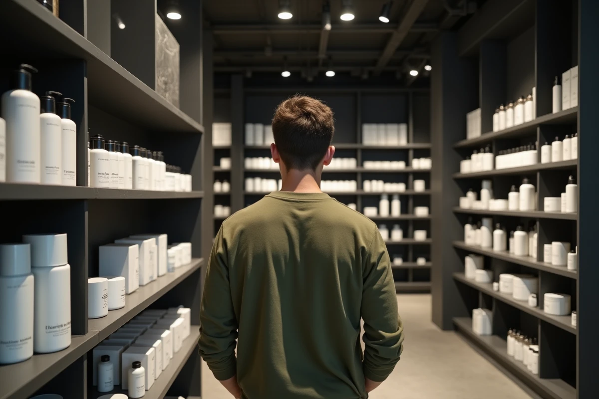 Homme parcourant le rayon soins minimalistes d'un concept store urbain proposant des produits Typology