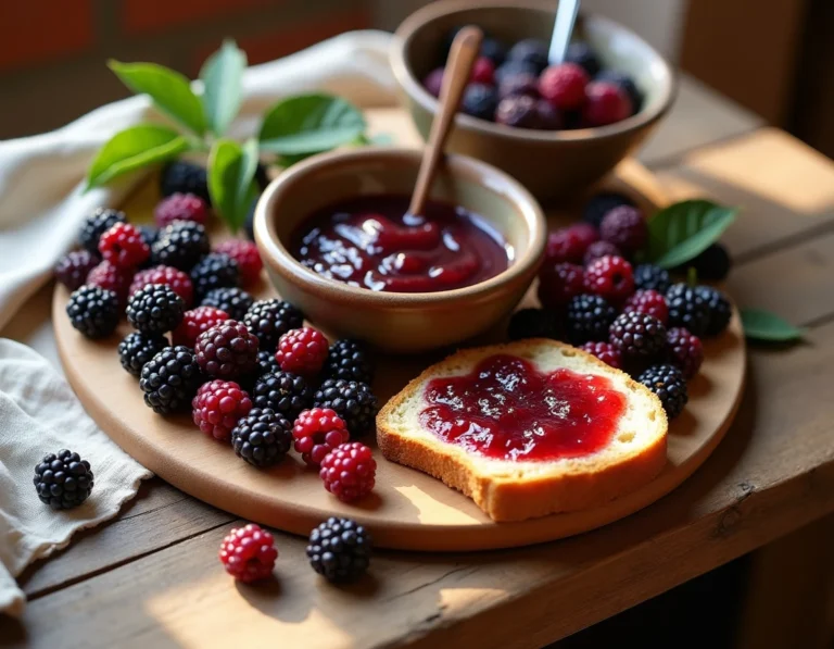 Confiture de mûres du mûrier platane sur une table en bois rustique avec des fruits frais et une brioche dorée