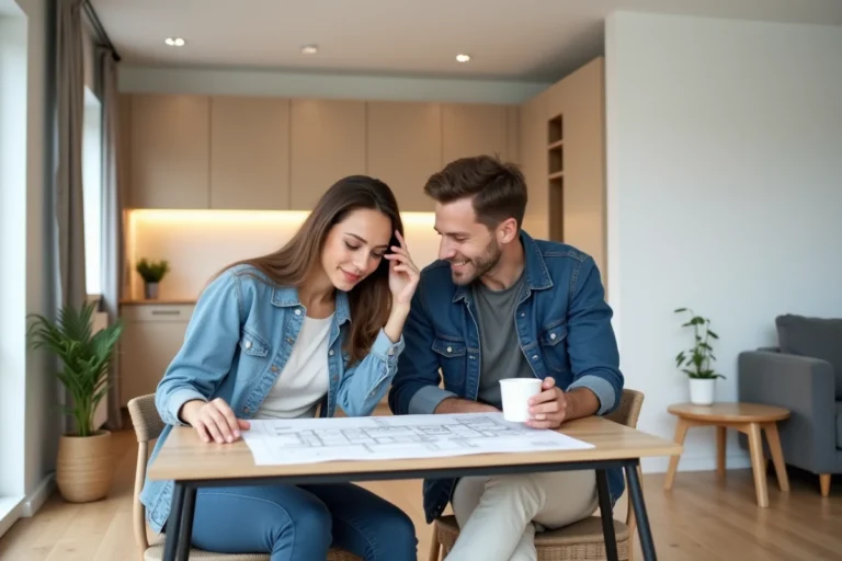 Jeune couple regardant des plans dans un appartement moderne