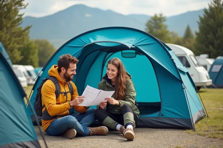 Jeune couple de campeurs souriants devant leur tente en camping