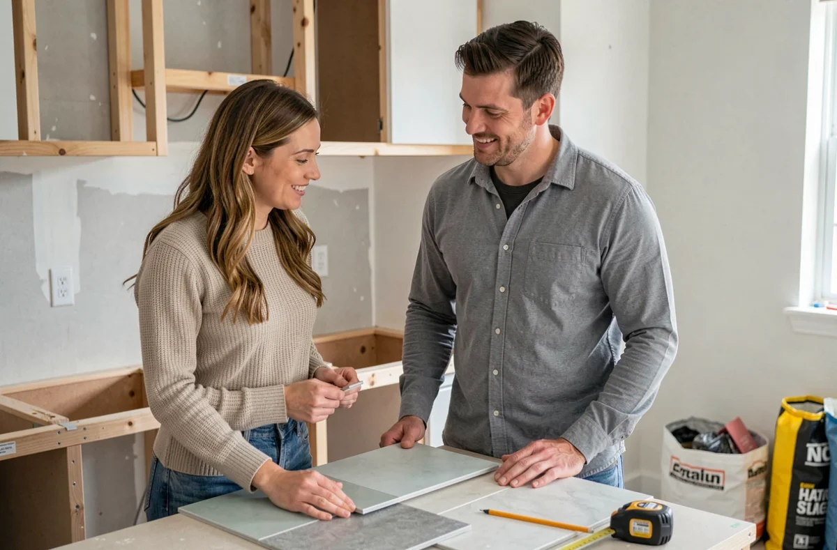 Couple choisissant des carreaux de faïence pour la rénovation de leur cuisine lors d'un projet de bricolage maison