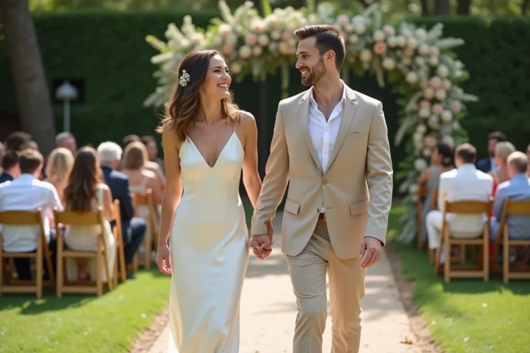 Couple de mariés souriants dans un jardin lors d'une cérémonie