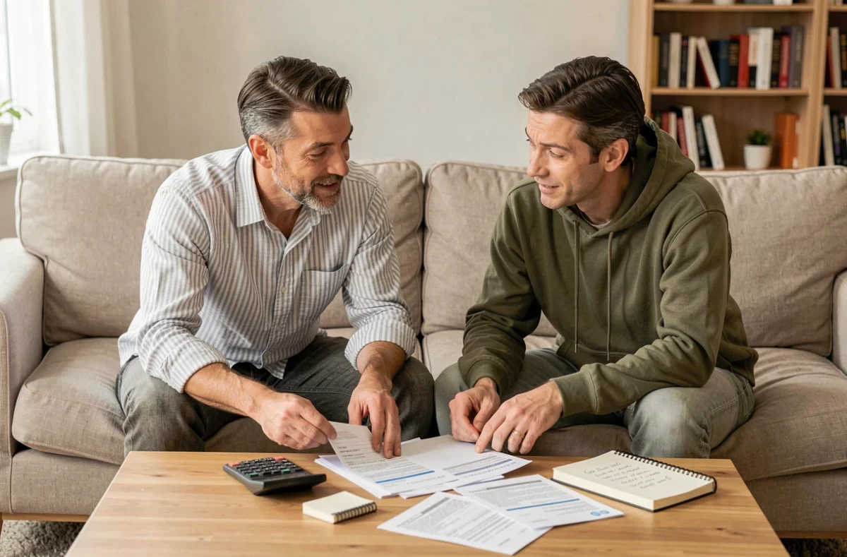 Couple planifiant ensemble leurs finances personnelles avec des documents budgétaires dans un salon confortable