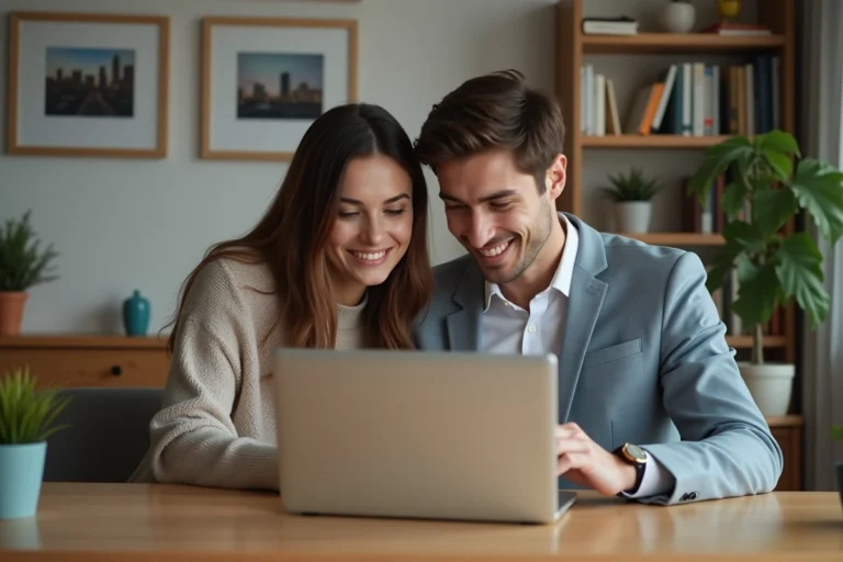 Jeune couple en visioconference dans un appartement moderne