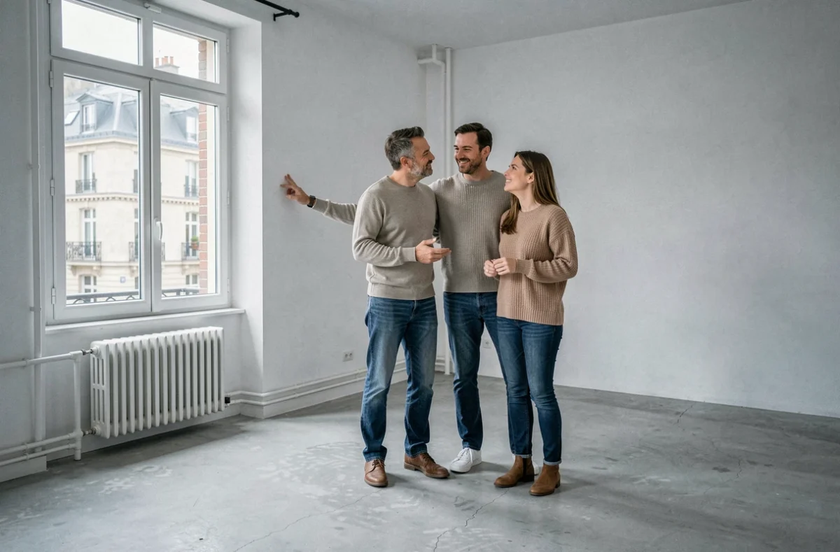 Couple visitant un appartement vide lors d'une visite immobilière dans un immeuble haussmannien