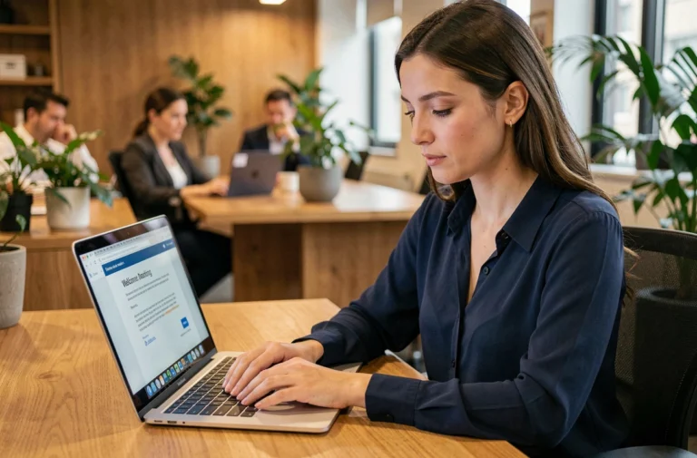 Salariée créant son compte MyPrimobox sur un ordinateur portable dans un bureau moderne