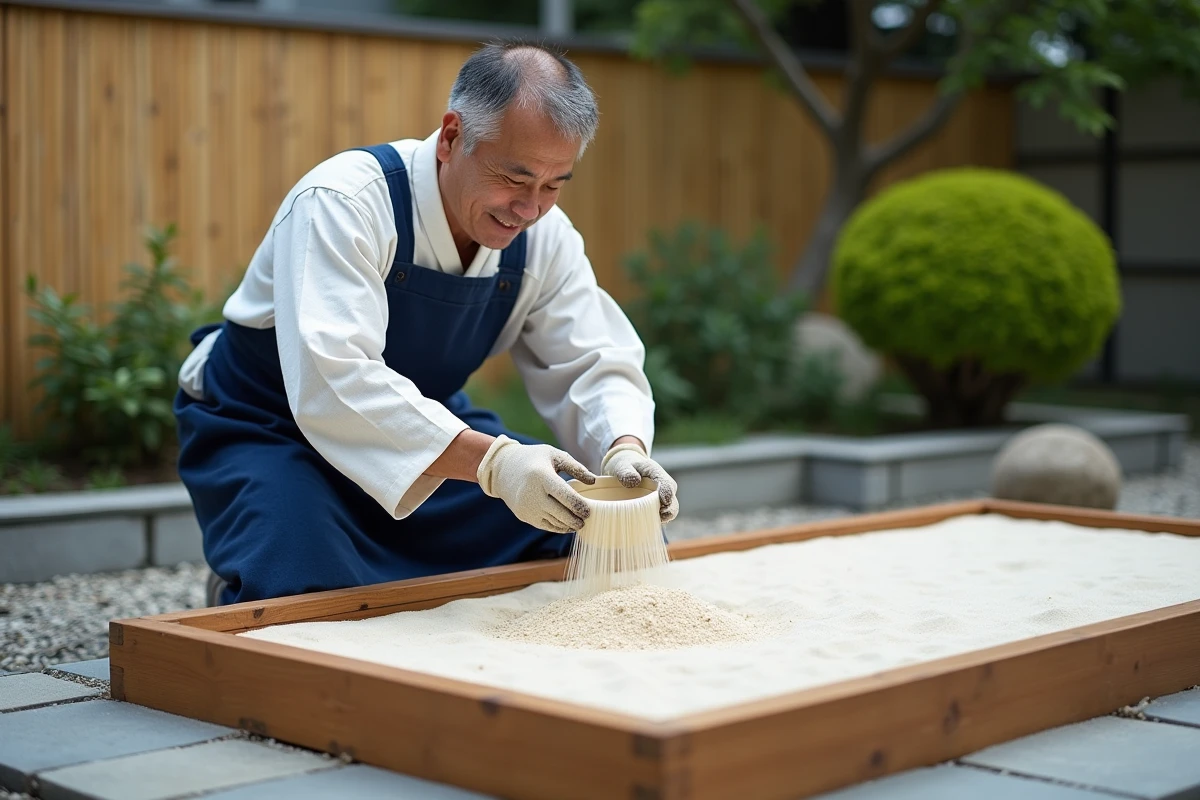 Homme versant du sable blanc dans un jardin japonais en bois lors de sa création