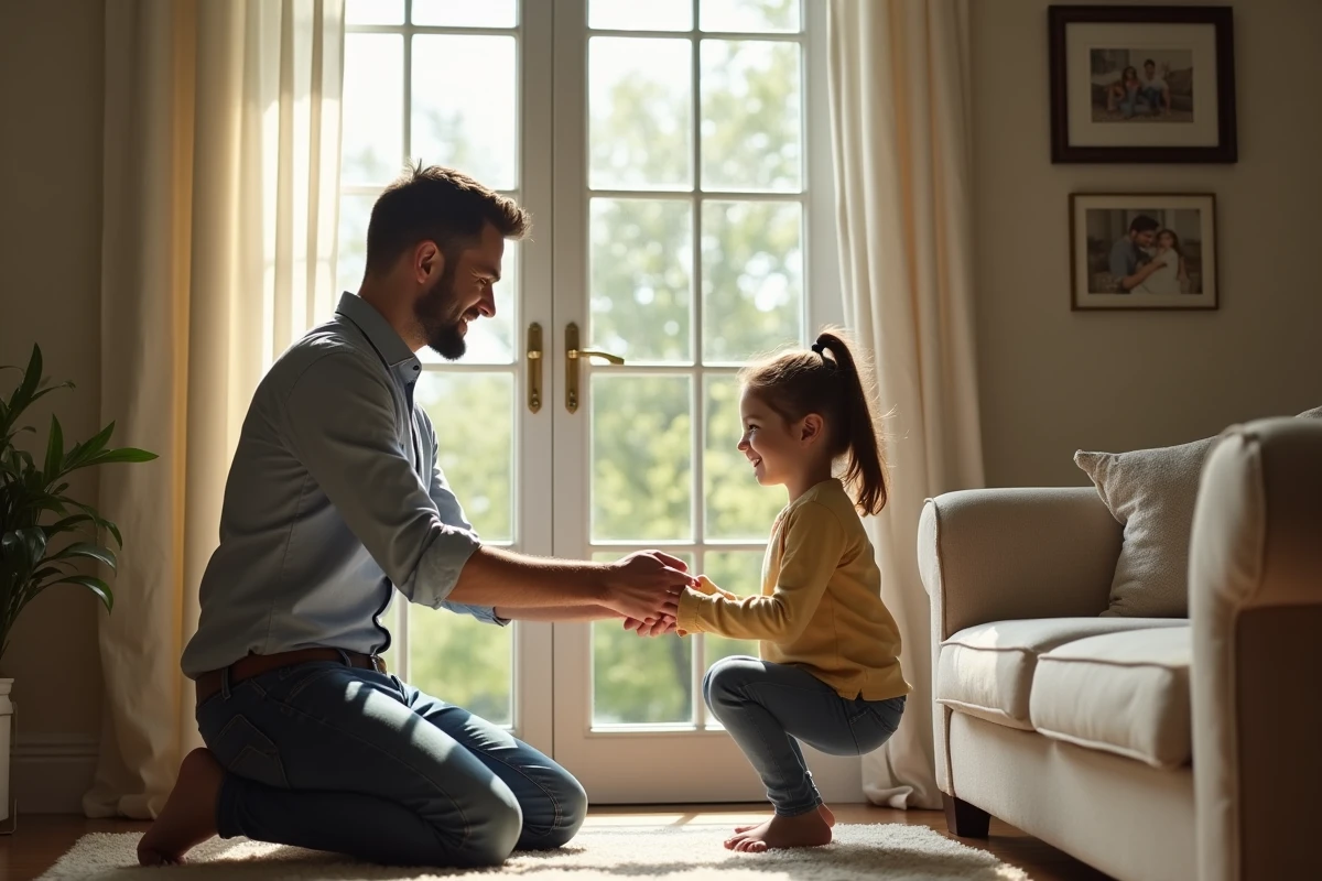 Pere montrant a sa fille comment securiser une fenetre