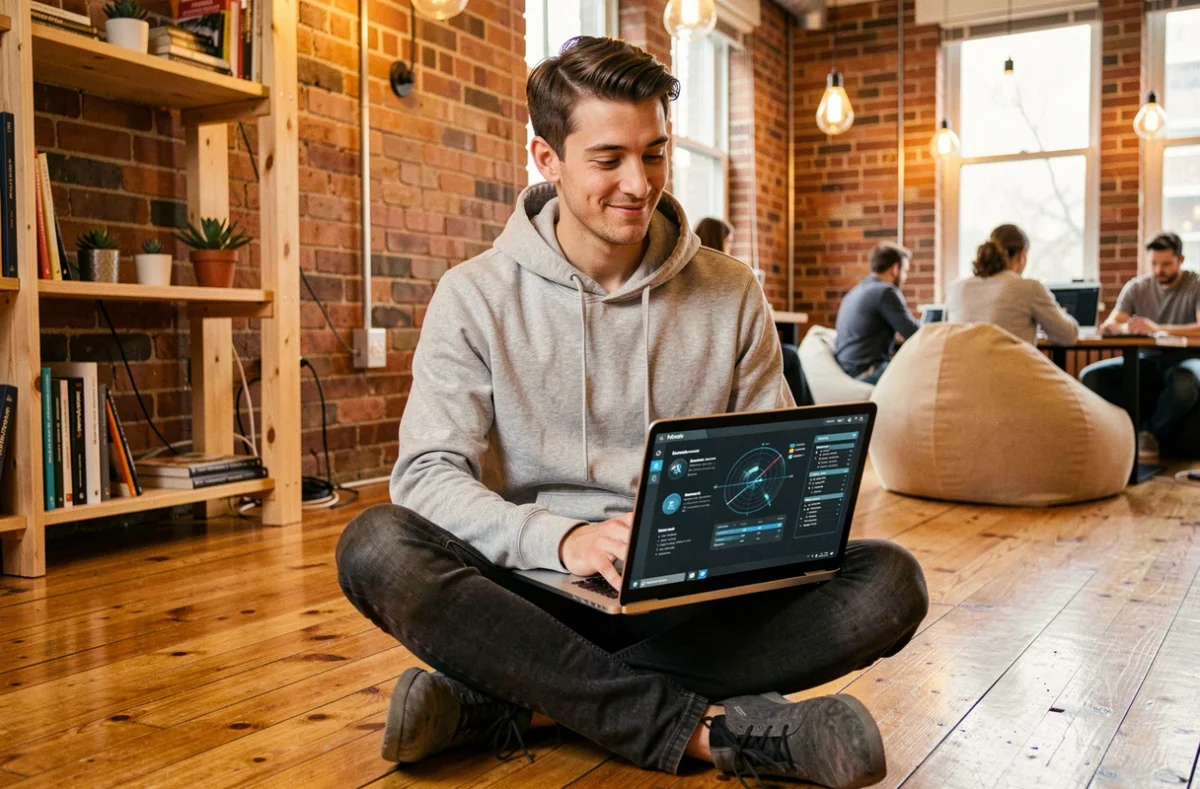 Jeune développeur travaillant sur un prototype d'interface futuriste avec un laptop dans un espace co-working créatif