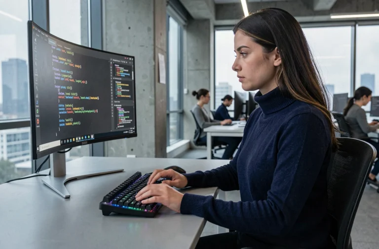 Développeuse informatique travaillant sur du code sur un grand écran incurvé dans un bureau moderne à plan ouvert