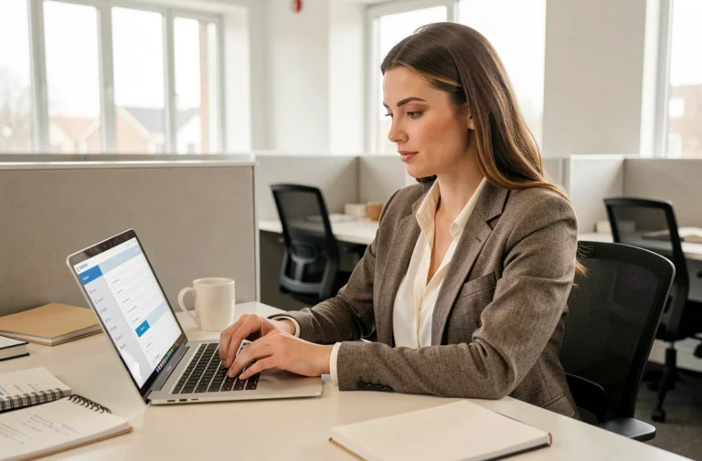 Employée L'Oréal accédant à la vente au personnel en ligne depuis son bureau sur un portail employé