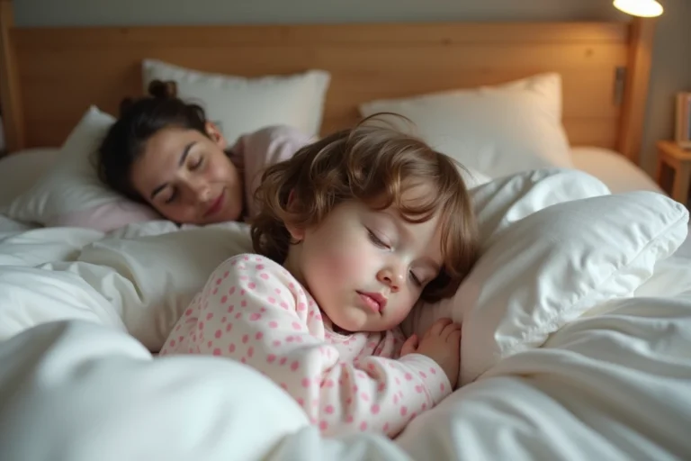 Enfant de 4 ans dormant paisiblement avec une adulte dans une chambre chaleureuse