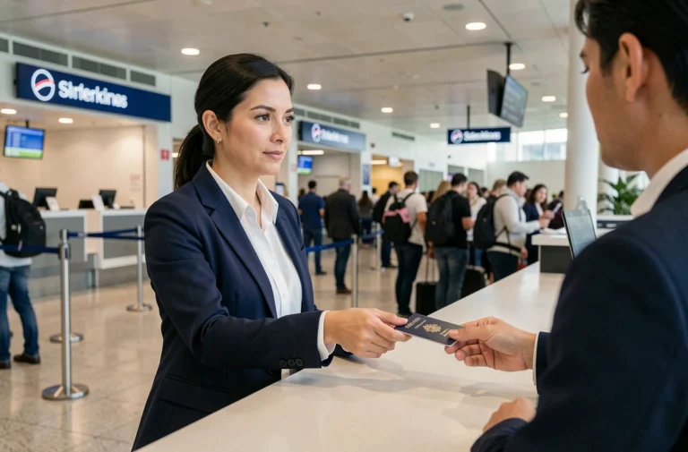 Femme remettant sa carte d'embarquement et son passeport à un agent au comptoir d'enregistrement d'un aéroport international