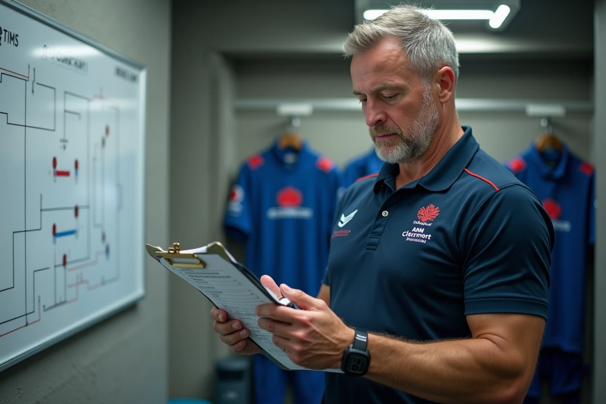Entraîneur de l'ASM Clermont analysant des statistiques de joueurs sur un tableau tactique dans le vestiaire du club
