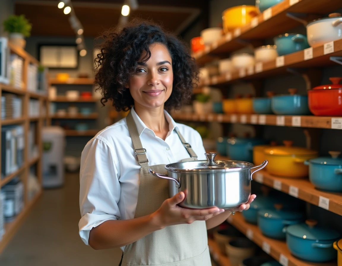 Femme examinant une casserole en inox dans une boutique d'ustensiles de cuisine spécialisée