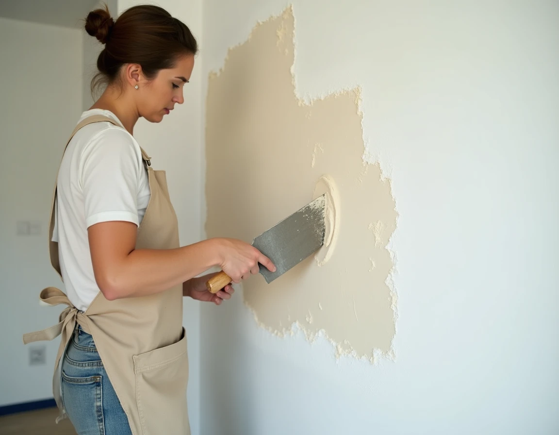 Femme appliquant de l'enduit sur un mur intérieur lors de travaux de rénovation dans un salon en cours de bricolage