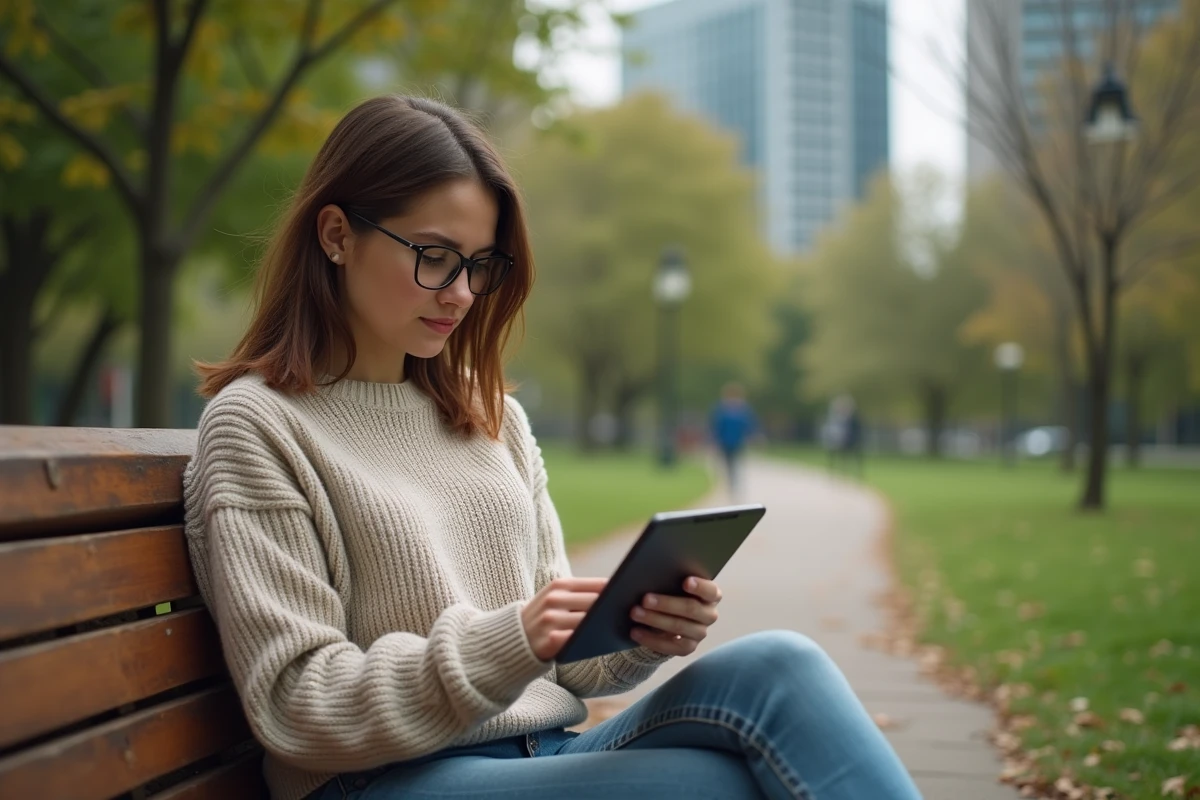 Jeune femme dans un parc urbain utilisant une tablette