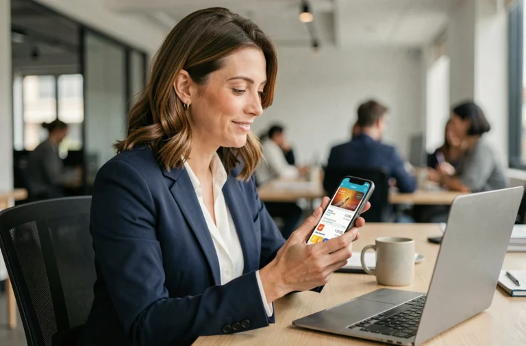 Femme cadre utilisant une application de gestion de tickets restaurant sur smartphone dans un bureau moderne