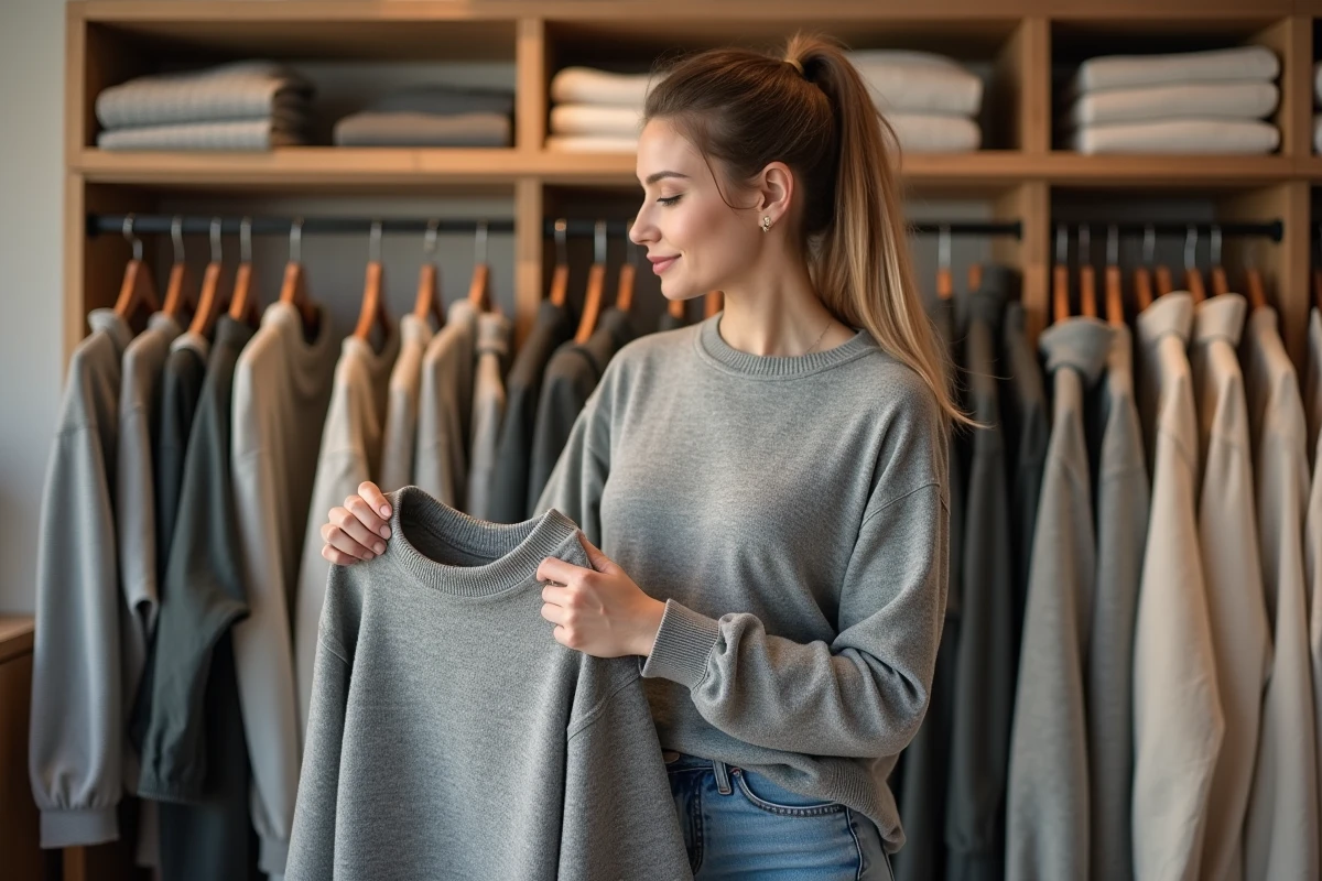 Femme comparant deux tailles de pull dans une boutique de vêtements pour choisir la bonne taille M ou L