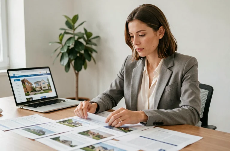 Femme consultant des annonces immobilières imprimées sur un bureau en bois dans un bureau à domicile moderne