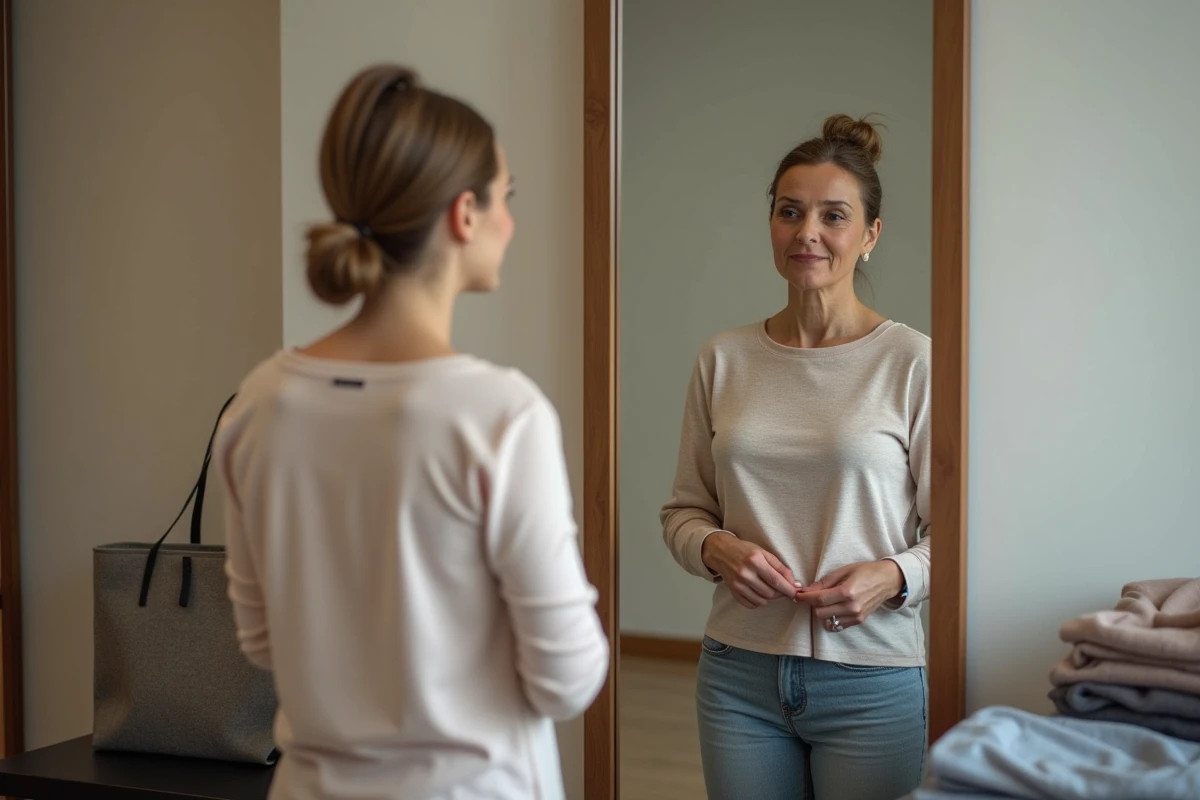 Femme essayant un vêtement taille L dans une cabine d'essayage pour vérifier l'ajustement avant achat