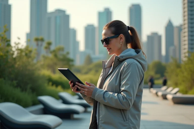 Femme portant veste minimaliste et lunettes intelligentes dans un parc urbain futuriste