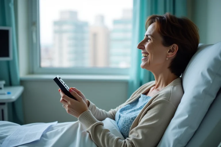 Femme hospitalisee regardant la television dans sa chambre