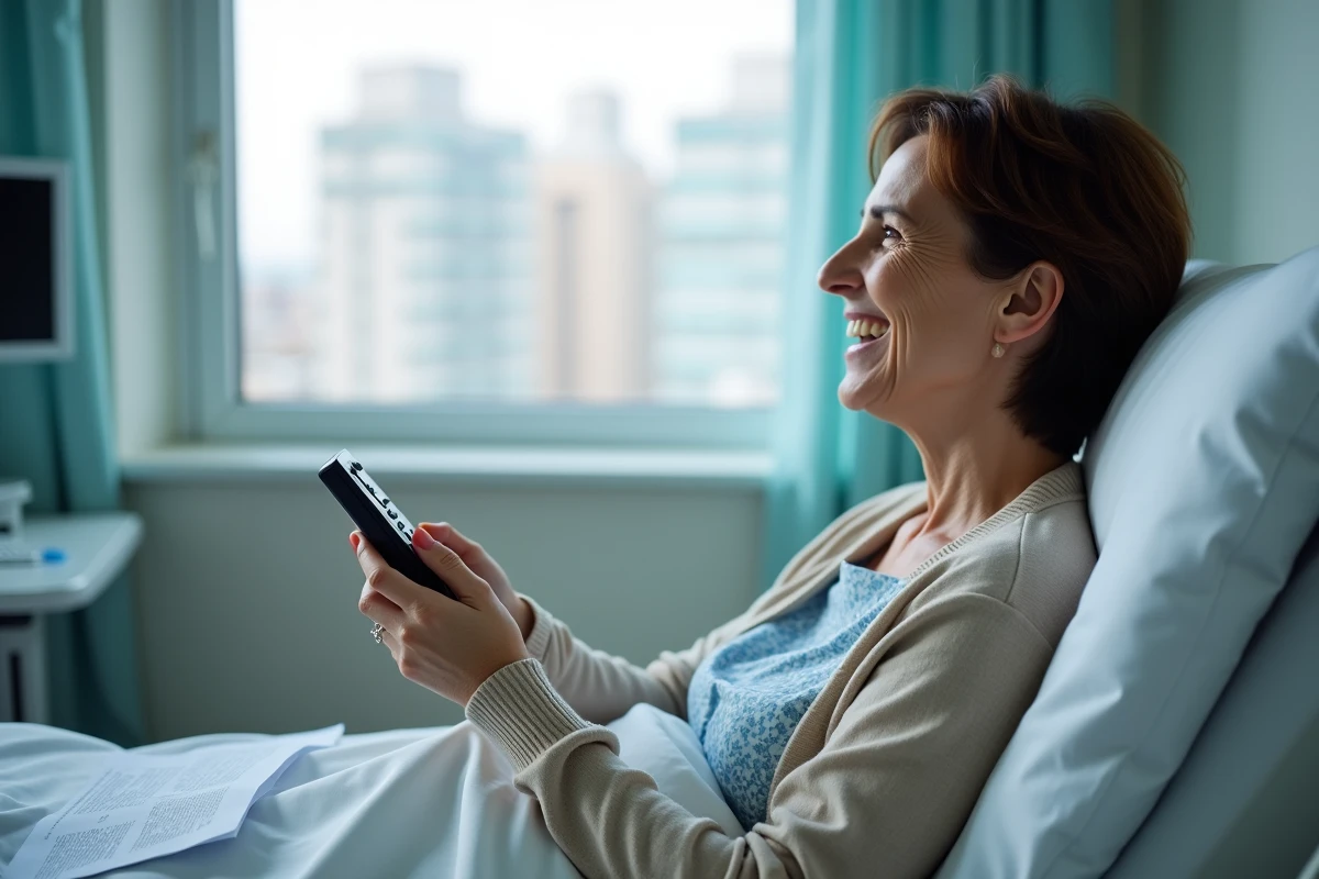 Femme hospitalisee regardant la television dans sa chambre