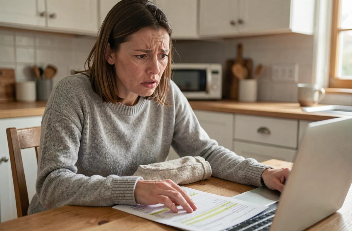 Femme inquiète consultant un relevé bancaire de la Banque Postale avec un virement débit inconnu
