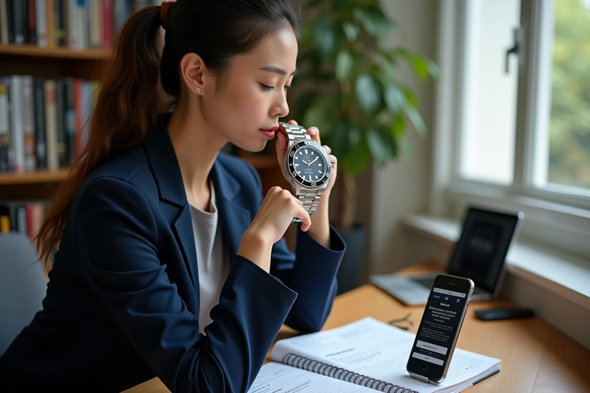 Femme inspectant une montre Orient Ray II pour identifier les signes d'authenticité à l'aide d'un guide d'achat