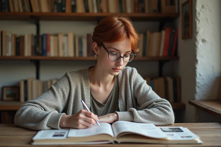 Jeune femme concentrée à écrire dans un cadre cosy avec livres