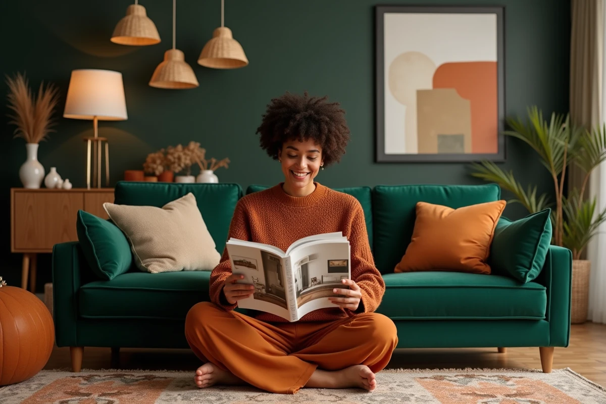Femme parcourant un livre de décoration intérieure assise sur un canapé velours vert dans un salon bohème moderne